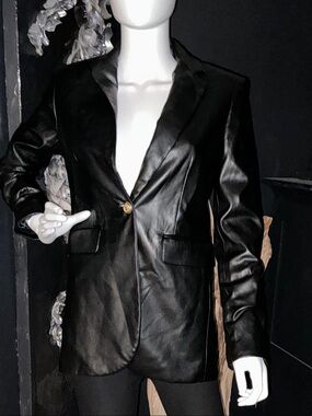 Zara Black Faux Leather Single-Button Blazer